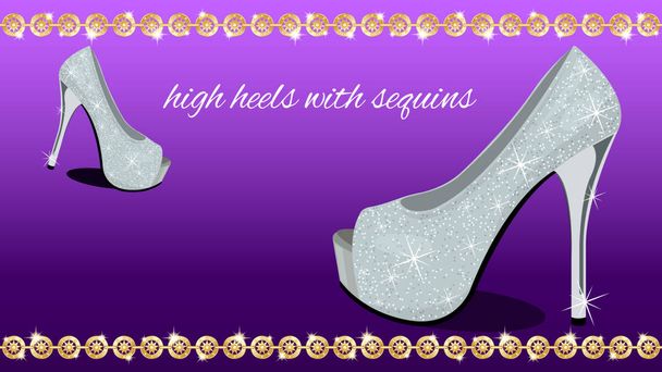 High-heeled shoes with sequins and gold chains. - Vector, Image