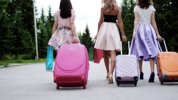 Three women walk suitcases, shopping bags arrive to rest on vacation, back view. - Footage, Video