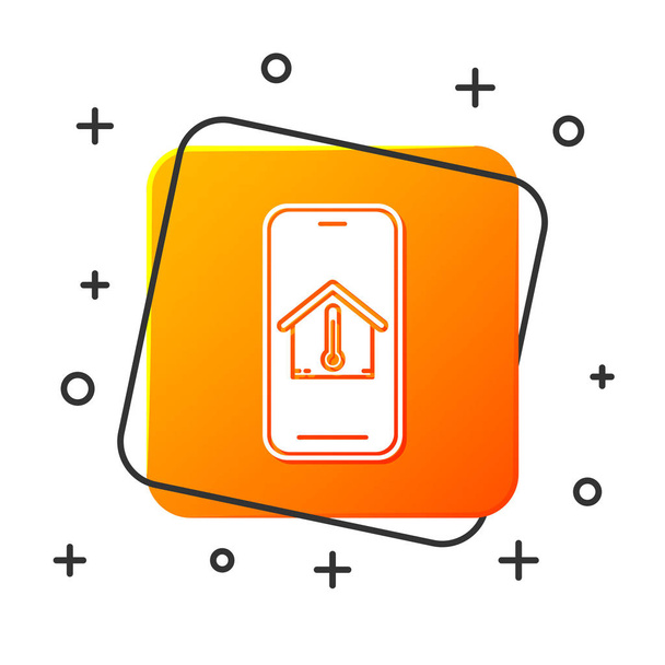 Bílý mobil s ikonou teploty domu izolovanou na bílém pozadí. Ikona teploměru. Oranžové čtvercové tlačítko. Vektorová ilustrace - Vektor, obrázek