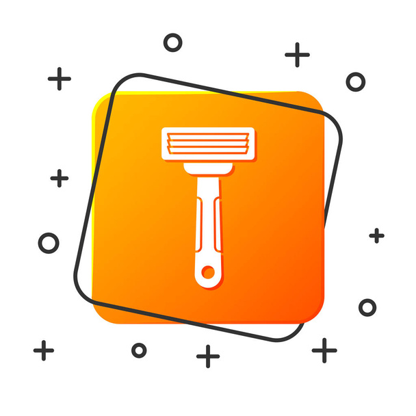 weiße Rasiermesser Symbol isoliert auf weißem Hintergrund. orangefarbene quadratische Taste. Vektorillustration - Vektor, Bild