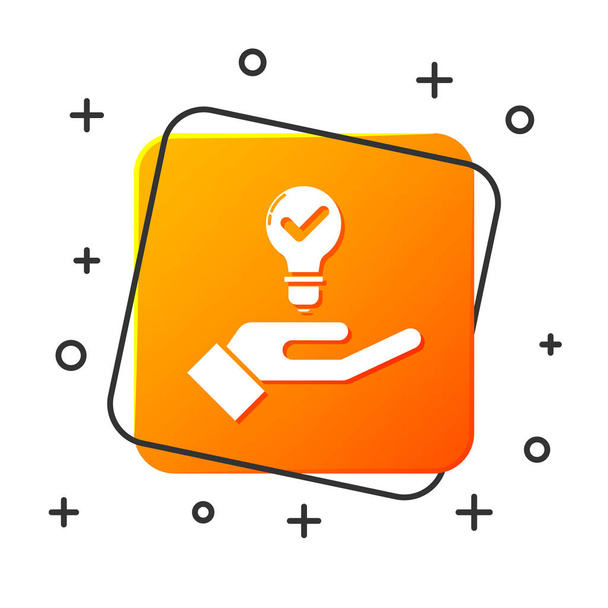 Ampoule blanche dans l'icône de la main isolée sur fond blanc. Concept d'idée. Bouton carré orange. Illustration vectorielle
 - Vecteur, image