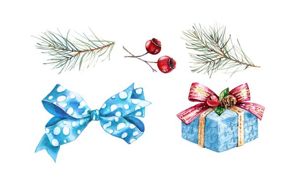 Christmas watercolor design elements. Hand painted illustration with pine tree, red berries, blue bow and present. Winter holiday gift isolated on white background for greeting card and decorations - Photo, Image