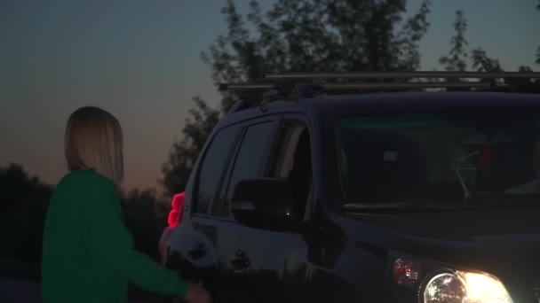 Blondynka w zielonym pulowerze złapana na drodze. Poprosiła kierowcę, a on pozwolił jej usiąść w samochodzie. Młoda kobieta jedzie autostopem. - Materiał filmowy, wideo