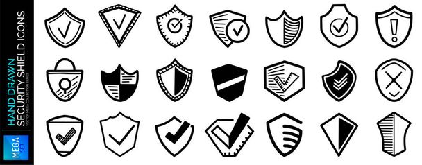 Icone degli scudi di sicurezza disegnati a mano, schizzo di sicurezza, segni di conferma della difesa
 - Vettoriali, immagini
