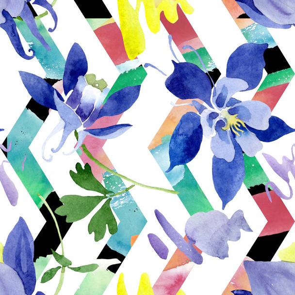 Blauwe Aquilegia Floral botanische bloemen. Aquarel achtergrond illustratie instellen. Naadloos achtergrond patroon. - Foto, afbeelding