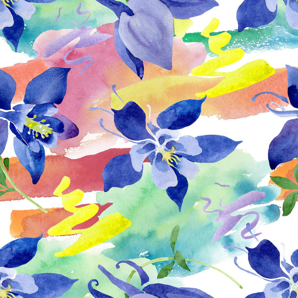 Blue aquilegia floral botanical flowers. Watercolor background illustration set. Seamless background pattern. - Fotoğraf, Görsel