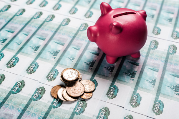 selective focus of piggy bank near metallic coins on russian money  - Fotografie, Obrázek
