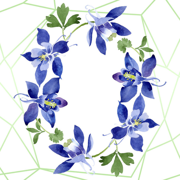 Blue aquilegia floral botanical flowers. Watercolor background illustration set. Frame border ornament square. - Foto, Bild