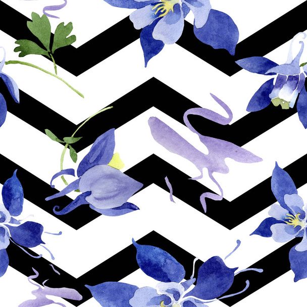 青いアクイレジア花の植物の花。●水彩背景イラストセット。シームレスな背景パターン. - 写真・画像