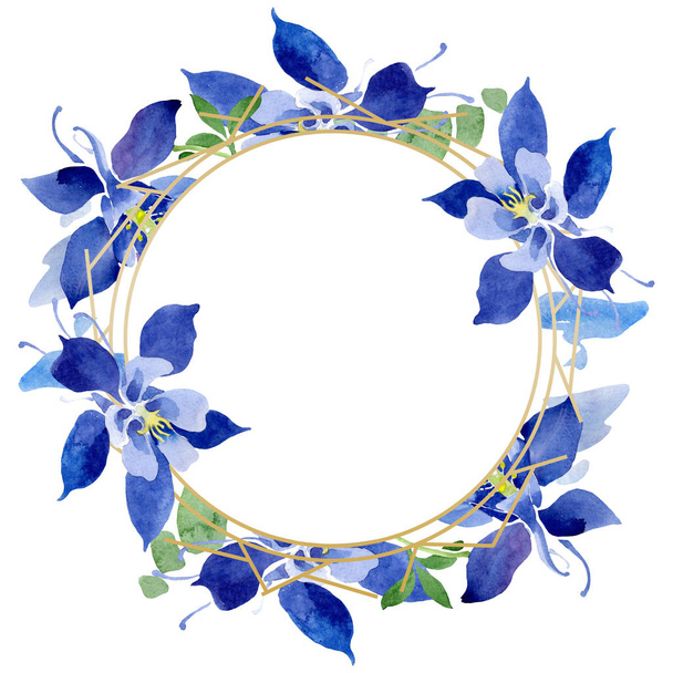 Blaue Aquilegien mit botanischen Blüten. Aquarell Hintergrundillustration Set. Rahmen Rand Ornament Quadrat. - Foto, Bild