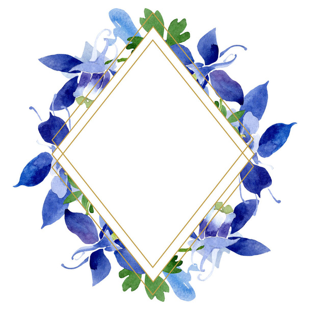 Blue aquilegia floral botanical flowers. Watercolor background illustration set. Frame border ornament square. - Fotó, kép