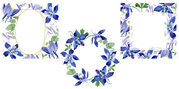 Blue aquilegia floral botanical flowers. Watercolor background illustration set. Frame border ornament square. - Foto, imagen