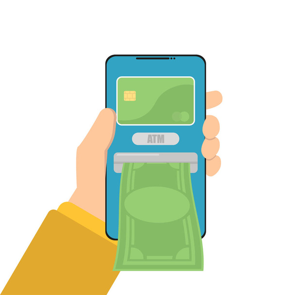 ATM in phone virtual bank money in flat - Vector, Image