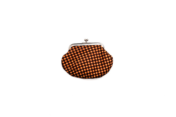 top view of vintage plaid wallet isolated on white  - 写真・画像