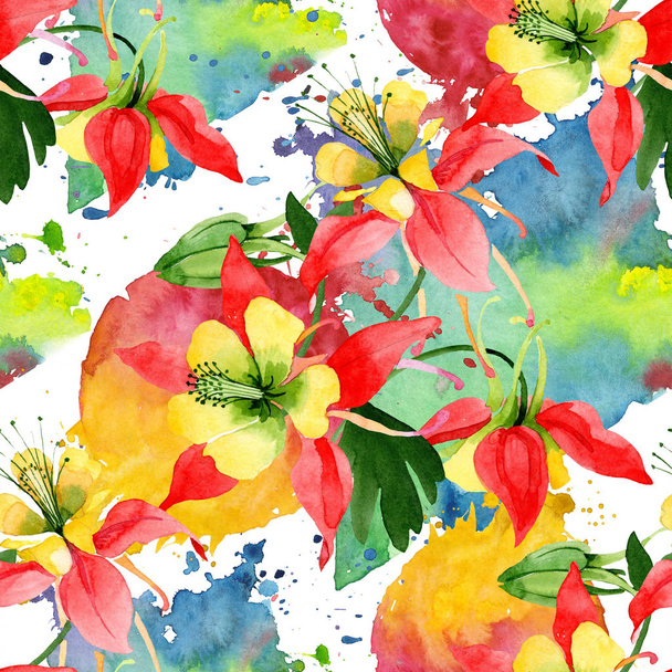 赤いアクイレギアの花の植物の花。●水彩背景イラストセット。シームレスな背景パターン. - 写真・画像