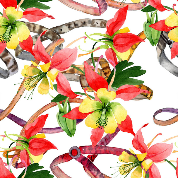 Red aquilegia floral botanical flowers. Watercolor background illustration set. Seamless background pattern. - Fotoğraf, Görsel