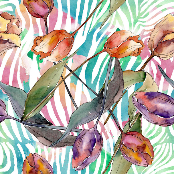 Czerwony fioletowy tulipan kwiatowy kwiatów botanicznych. Akwarela zestaw ilustracji tła. Płynny wzór tła. - Zdjęcie, obraz