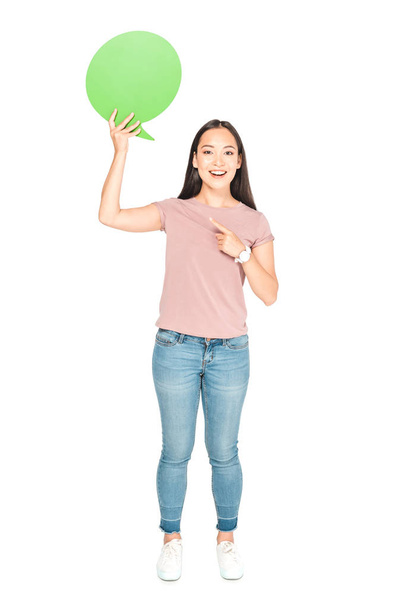beautiful asian girl pointing with finger at blank thought bubble on white background - Fotoğraf, Görsel