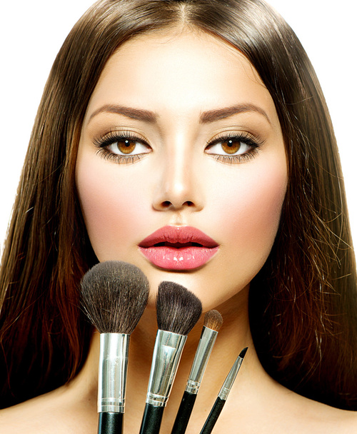 Beauty Girl with Makeup Brushes. Make-up for Brunette Woman - Φωτογραφία, εικόνα