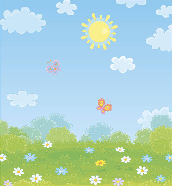 Colorful playful butterflies flying over a green field with wildflowers on a pretty summer day, vector illustration in a cartoon style - Vector, imagen