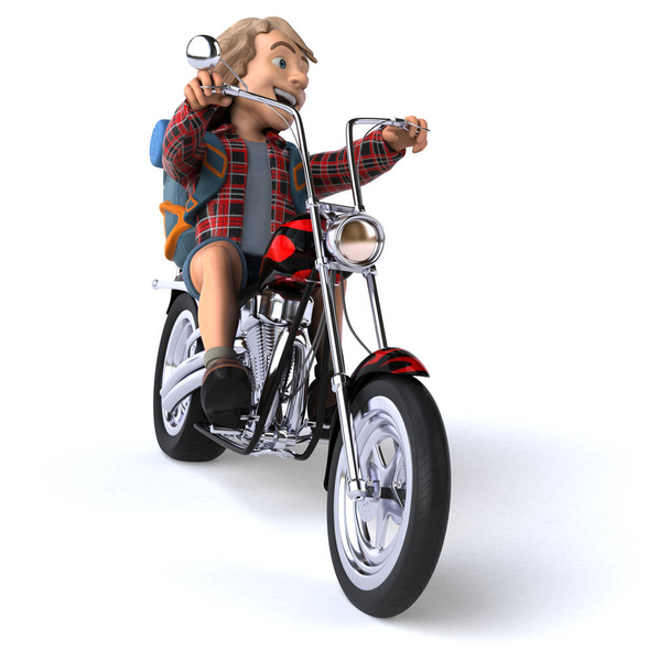 Fun cartoon character with motorcycle    - 3D Illustration - Фото, изображение