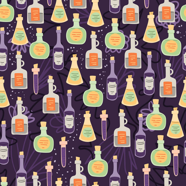 Halloween seamless pattern with magic cartoon bottles with poisons and potions. Hand drawn background for textile, fabric, wallpaper etc. - Vector, imagen