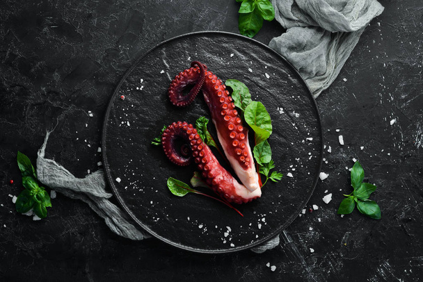 Boiled octopus tentacles on a stone plate. Seafood. Top view. Free copy space. - Photo, image