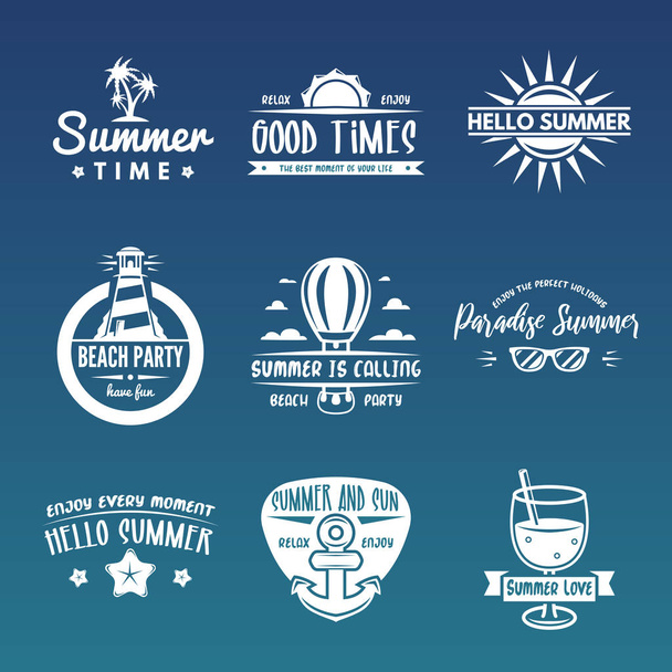 Summer labels, logos, hand drawn tags and elements set for summer holiday, travel or vacation, sun. Vector illustration. - Vector, Image