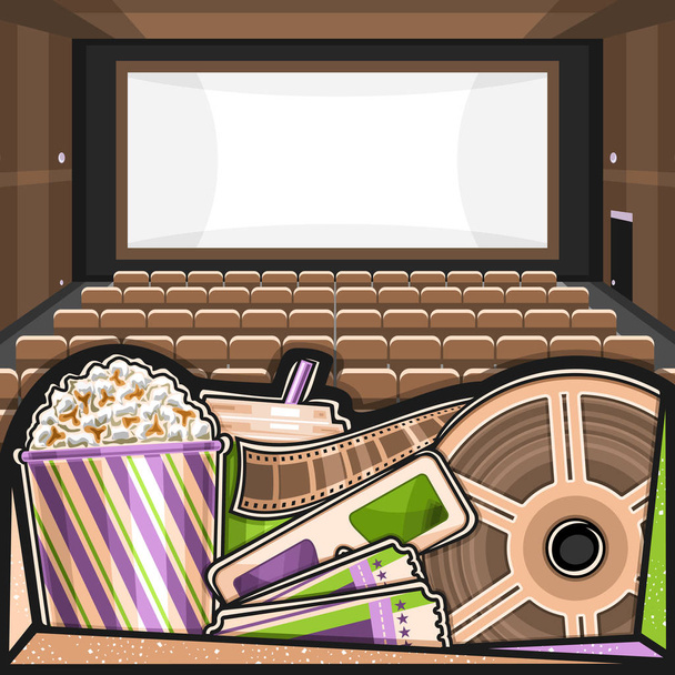 Ilustração vetorial do cinema, cartaz quadrado com tela de cinema, fileiras de poltronas, milho pop em caixa grande, bebida em copo de plástico, óculos de filme 3D verde-magenta, ingresso e rolo de cinema
 - Vetor, Imagem