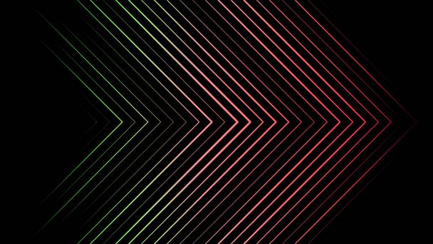Animación abstracta de punteros multicolores que consisten en triángulos de neón moviéndose hacia la derecha sobre el fondo negro. Animación. Neón formas geométricas multicolores y líneas
 - Foto, Imagen