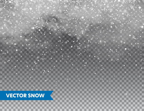 雪と雲と現実的な落下雪。クリスマスや新年カードのための冬の透明な背景。霜嵐の影響、降雪、氷。ベクトルイラスト. - ベクター画像