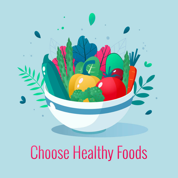 Bowl full of vegetables vector illustration. Healthy lifestyle concept. Healthy eating. - Vecteur, image
