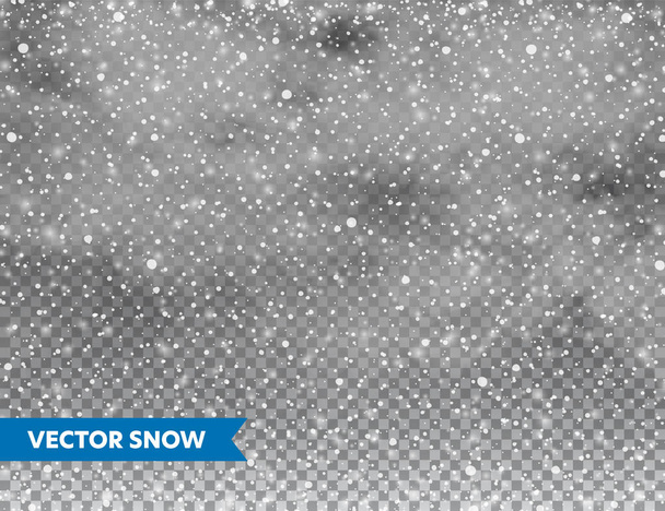 Reális hóesés a hópelyhek és a felhők. Télen átlátszó háttér karácsonyra vagy újévi kártyára. Fagy vihar hatása, havazás, jég. Vektoros illusztráció. - Vektor, kép