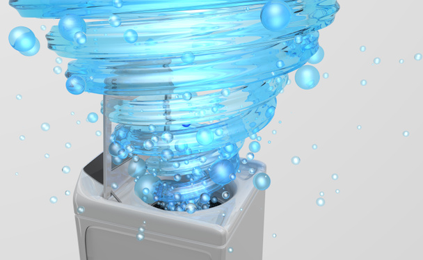 Megközelítése ruha mosógép az ajtó nyitva van, belül jön egy kék vízsugár formájában spirál buborékok lebegő fehér háttérrel. 3D illusztráció - Fotó, kép