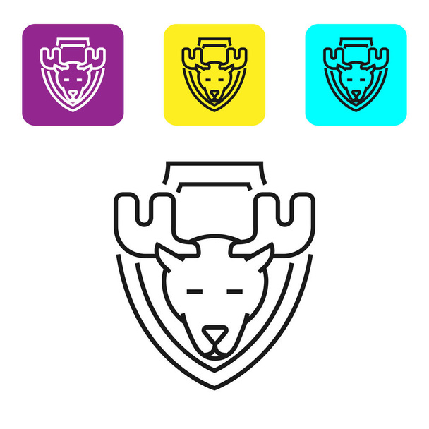 Linha preta Moose cabeça no ícone escudo isolado no fundo branco. Troféu de caça na parede. Definir ícones coloridos botões quadrados. Ilustração vetorial
 - Vetor, Imagem