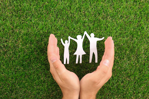 Man holding hands near paper silhouette of family on green grass, top view - Photo, Image