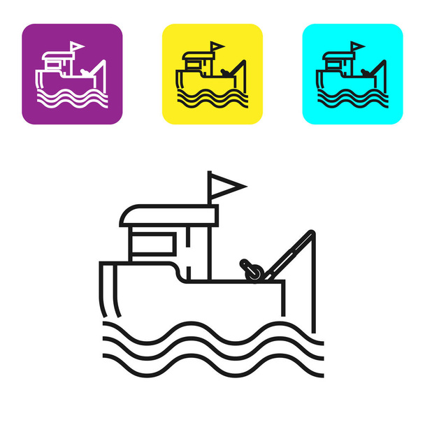 Μαύρη γραμμή αλιευτικό σκάφος με καλάμι ψαρέματος στο νερό εικονίδιο απομονωθεί σε λευκό φόντο. Ορίστε εικονίδια πολύχρωμα τετράγωνα κουμπιά. Απεικόνιση διανυσματικών φορέων - Διάνυσμα, εικόνα