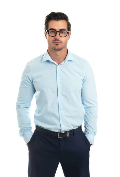 Young male teacher with glasses on white background - Φωτογραφία, εικόνα