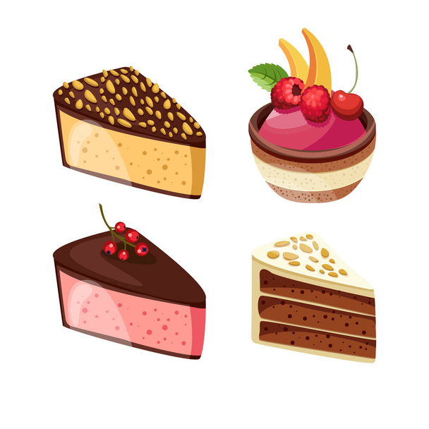 Set of colorful desserts with forest fruits. Chocolate cakes with different fillings. Vector illustration. - Vetor, Imagem