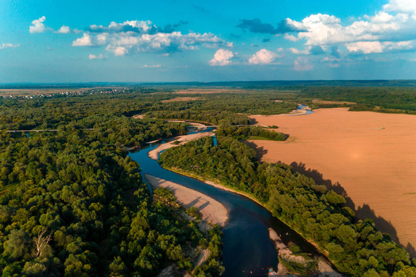 Summer rural landscape, aerial view,Forest and river from drone flight. - Photo, Image