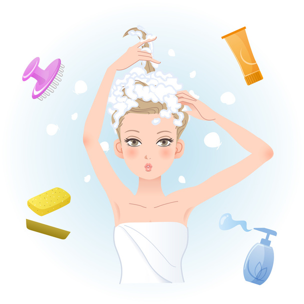 Young woman soaping her hair - Vector, Image