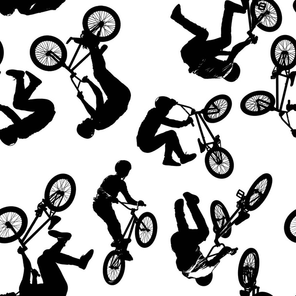 Padrão sem costura de silhuetas pretas de esportistas com uma bicicleta em sete poses diferentes isolados em fundo transparente branco em alta resolução. Conjunto de desporto extremo
 - Foto, Imagem