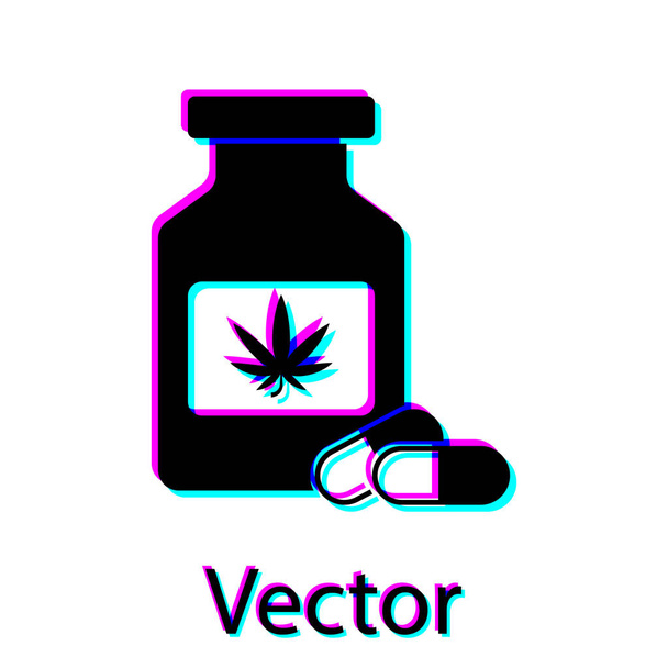 Fekete orvosi palack marihuána vagy cannabis levél ikon elszigetelt fehér alapon. Kannabiszolaj kivonatok üvegekben. Vektorillusztráció - Vektor, kép
