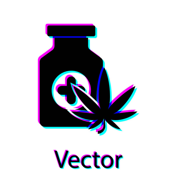 Zwarte medische fles met marihuana of cannabis blad icoon geïsoleerd op witte achtergrond. Mock up van cannabis olie extracten in potten. Vector Illustratie - Vector, afbeelding