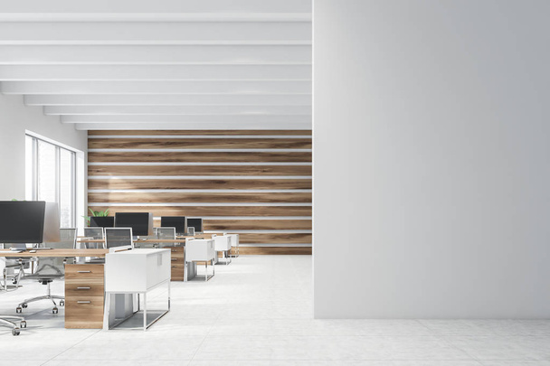 Wooden open space office with mock up wall - Photo, image