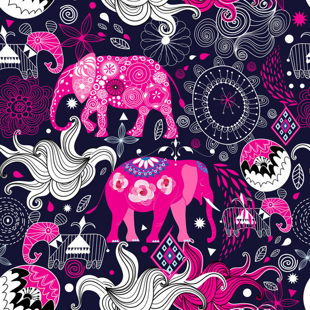 Seamless lovely pattern of elephants on a floral - Vector, Image