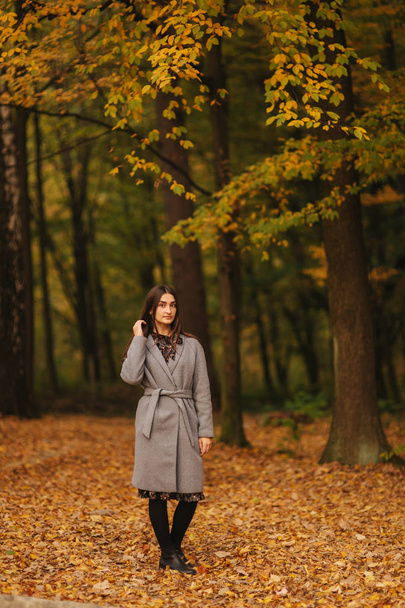 Красива жіноча модель, що йде в лісі в осінню погоду
 - Фото, зображення