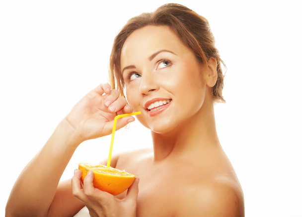 Healthy eating, food and diet concept - woman drinking orange juice - Zdjęcie, obraz