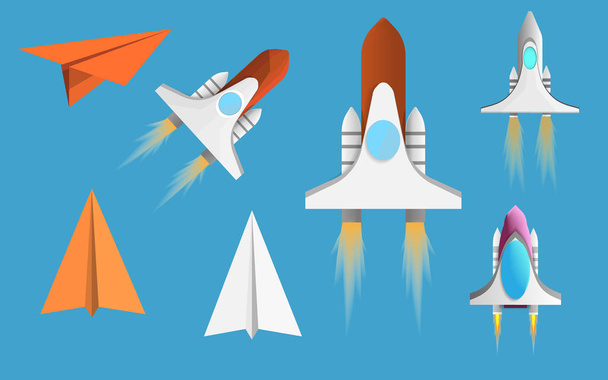 Set uçak ve uzay gemisi simgeleri vektör, teknoloji ulaşım ve havayolu macera karikatür, oyun yararlı, vektör sanat ve illüstrasyon için itiraz. - Vektör, Görsel