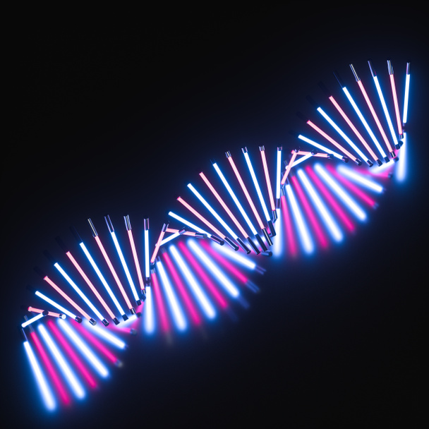 輝くネオンチューブとDNA形状、3Dレンダリング. - 写真・画像